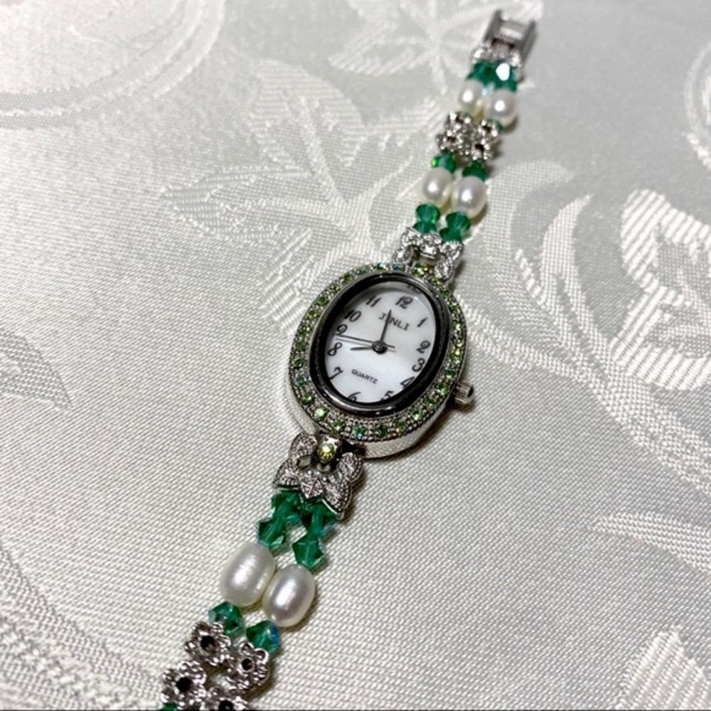 Swarovski Crystal and Fresh Water Pearl Green Watch Hand Made